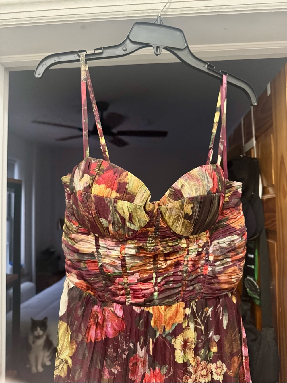 Aqua Burgundy Pleated Floral Dress
